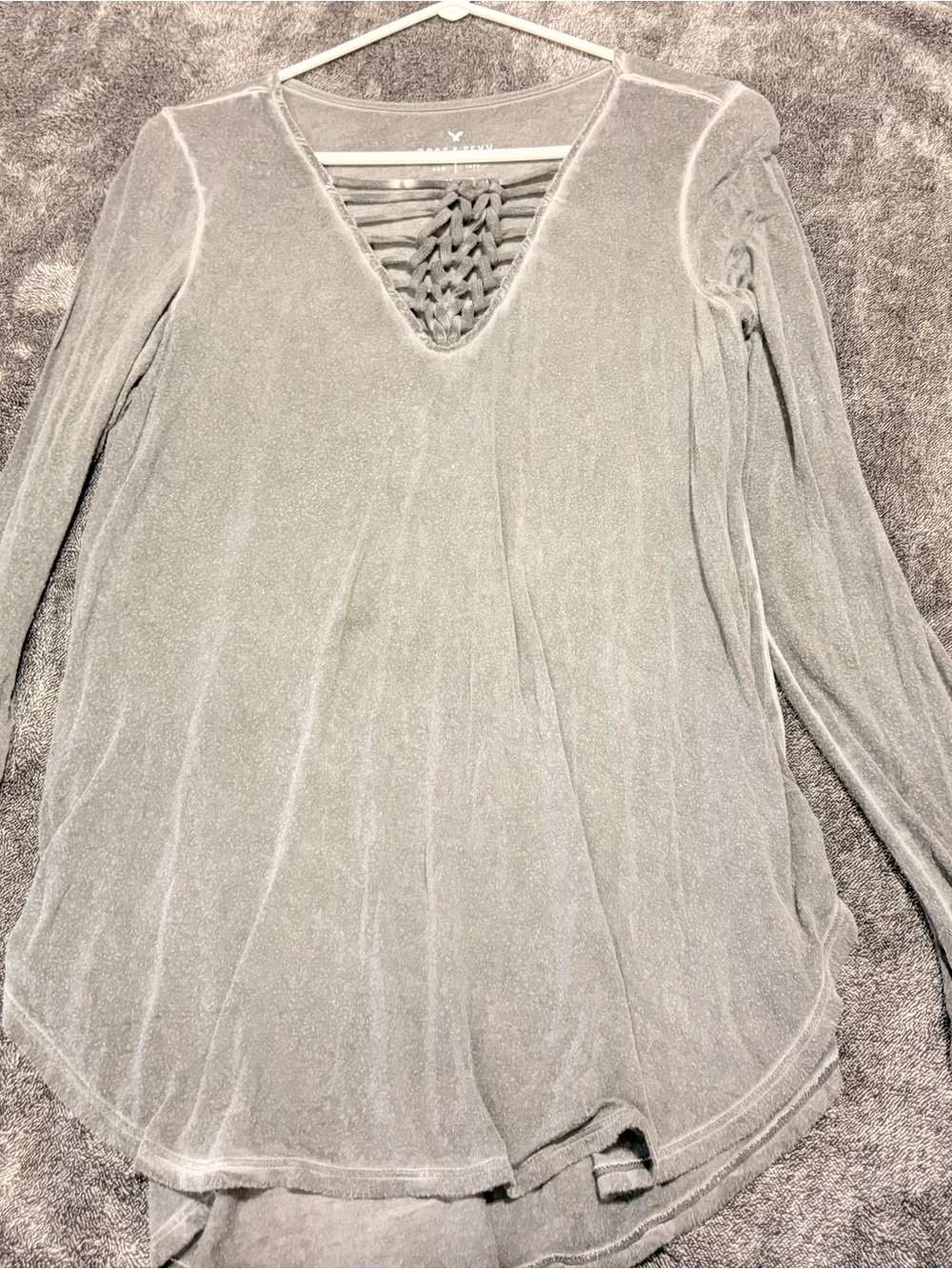 American Eagle Outfitters Long Sleeve Braided V-Neck Top - Gray